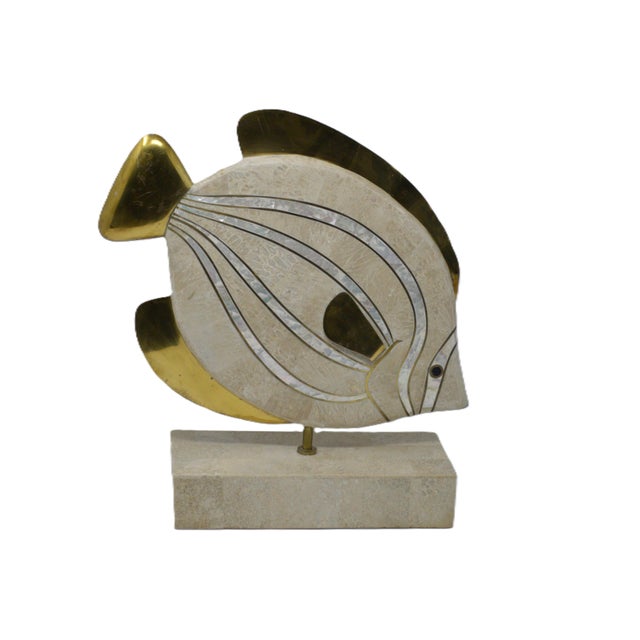 Maitland-Smith Style Tessellated Stone Mother of Pearl Brass Coral Angelfish Sculpture. Beautiful natural color perched on...