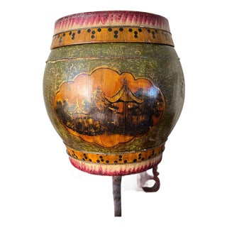 Antique Chinese Wood Rice Barrel & Double Happiness Stand - 19th C. Qing - 18" For Sale