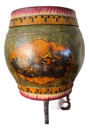 Antique Chinese Wood Rice Barrel & Double Happiness Stand - 19th C. Qing - 18"