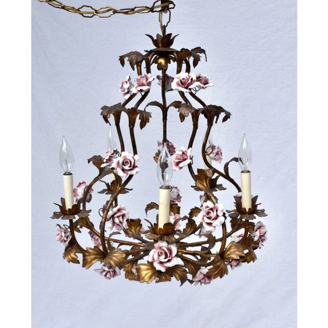 Italian Mid-Century Modern Tole Chandelier, Gold Gilt, Porcelain Roses For Sale In Philadelphia - Image 6 of 6