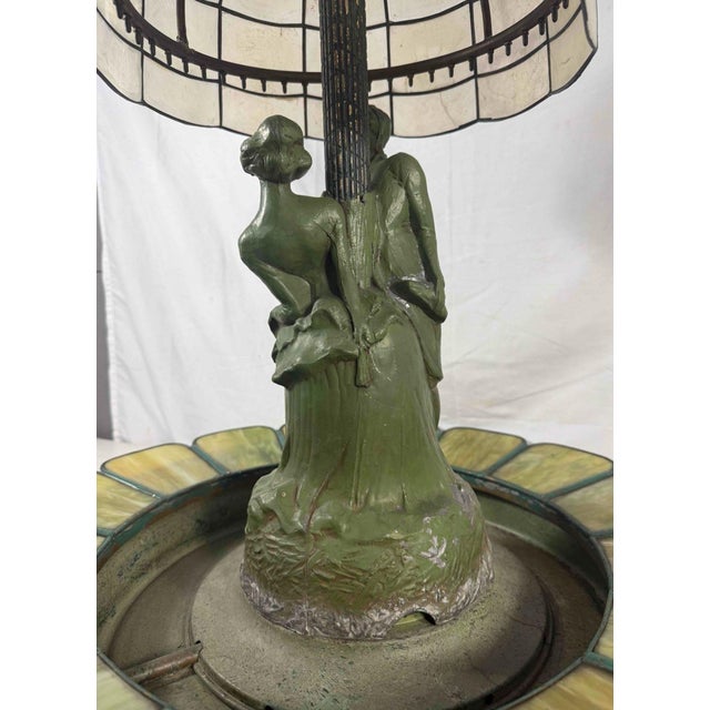 1920s Art Deco Figural Re-Circulating Fountain Lamp - Working Verdigris Spelter Sculpture & Iridescent Natural Capiz Shell Dome Shade For Sale - Image 10 of 14