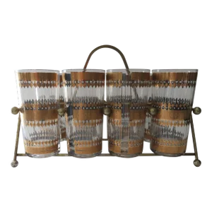 Mid 20th Century Mid-Century Culver Barcelona 22kt Gold Highball Barware Glasses With Caddy- Set of 8