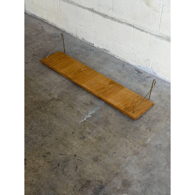 Wood Vintage Danish Oak Wall Shelf With Brass Brackets Scandinavian Floating Shelf For Sale - Image 7 of 9