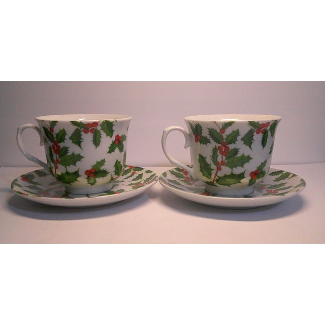 English Vintage I. Godinger & Co Holly Berry Christmas Cup and Saucer - 4 pcs For Sale - Image 3 of 11