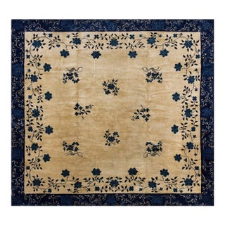 Antique Peking Chinese Classic Traditional Floral Ivory Square 1880s Rug For Sale