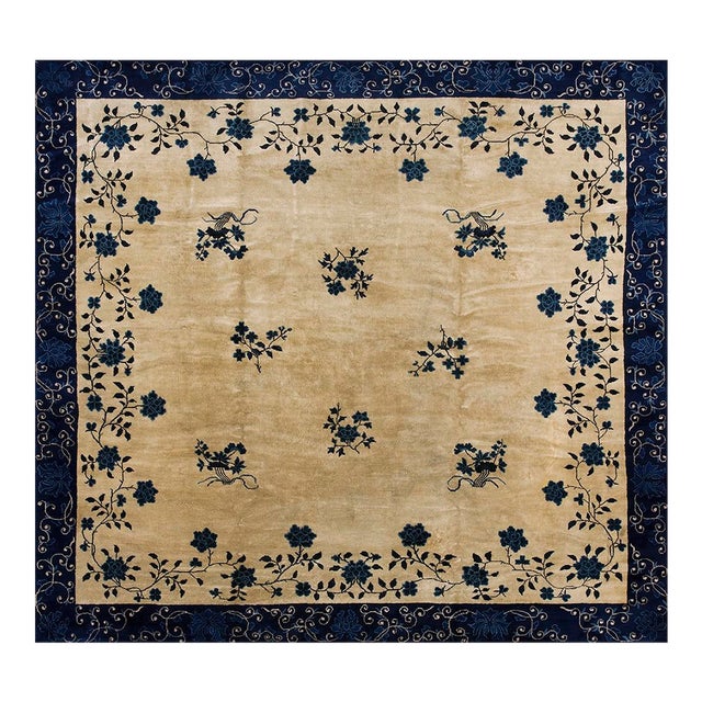 Antique Peking Chinese Classic Traditional Floral Ivory Square 1880s Rug For Sale