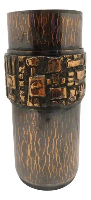 Brutalist Handmade Artisan Bronze and Hammered Copper Vase, 1970s