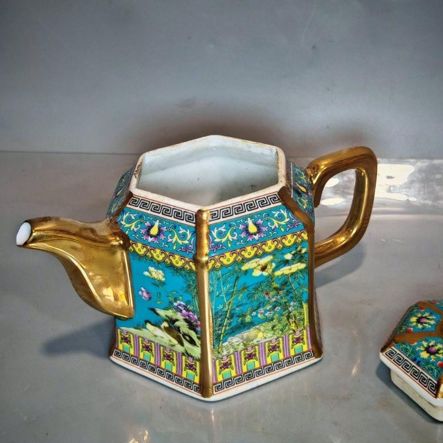 Ceramic Hexagonal Famille Rose Gilded Porcelain Teapot, Chinoiserie Decor Tea Vessel For Sale - Image 7 of 9