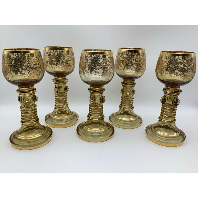 Antique Moser Bohemian Clear Gilded Blown Glass Wine Goblet, With Gold Floral Flowers and Leafs on Stem With Open End, Set of 5 For Sale - Image 11 of 12