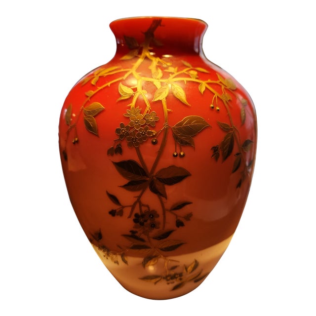 Antique 1880s Bohemian Harrach Marked Peachblow Cased Glass Vase, Raised Gilt For Sale
