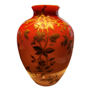 Antique 1880s Bohemian Harrach Marked Peachblow Cased Glass Vase, Raised Gilt