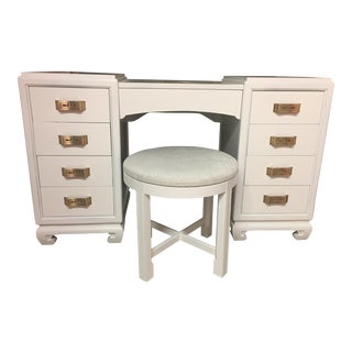 Rway White Lacquer Vanity Table Desk & Stool For Sale