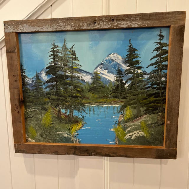 Rustic Vintage Original Painting of a Mountain Lake Landscape With Rustic Frame For Sale - Image 3 of 8