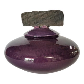 Purple Raku Vessel With Organic Lid by Mark Hines, Signed and Numbered For Sale