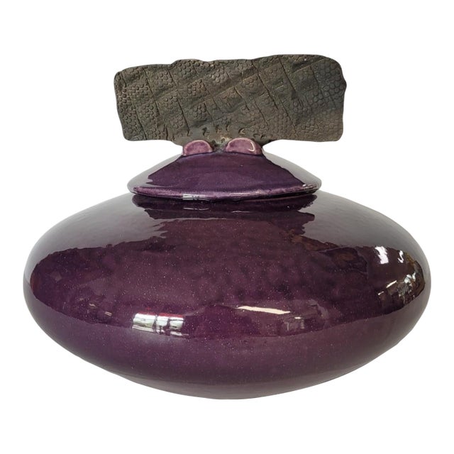 Purple Raku Vessel With Organic Lid by Mark Hines, Signed and Numbered For Sale
