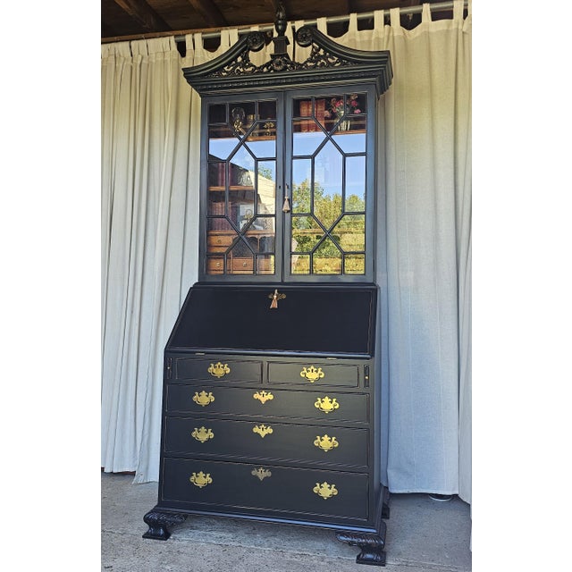 1940s Black Chippendale Style Secretary Desk/ Secretary Hutch, 2 Piece Cabinet For Sale - Image 9 of 17