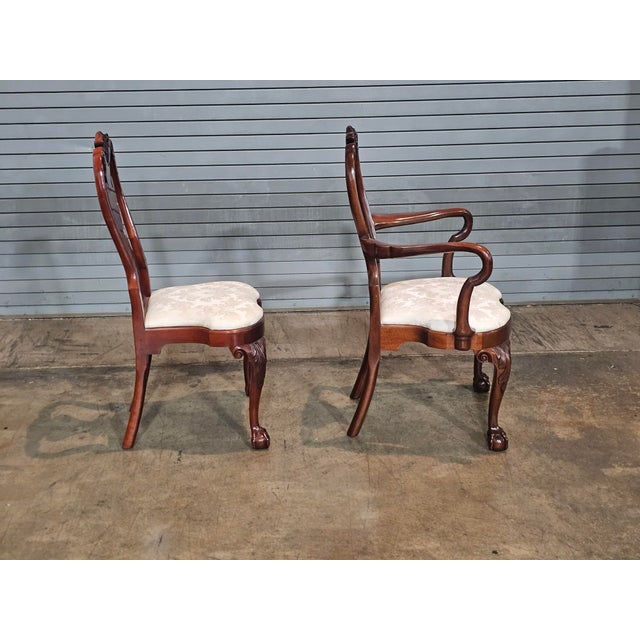 Set of 8 Kindel Winterthur Collection Mahogany Clawfoot Dinning Arm Chairs Silk For Sale - Image 11 of 14
