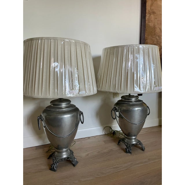 Traditional Pair of Mid 20th Century Pewter Finish Lamps With New Linen Pleated Shades For Sale - Image 3 of 9