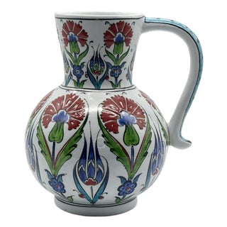 Handmade Ceramic Pitcher Vase (20cm) Traditional Turkish Carnation Pattern with Handle – Decorative Jug Art Decor For Sale
