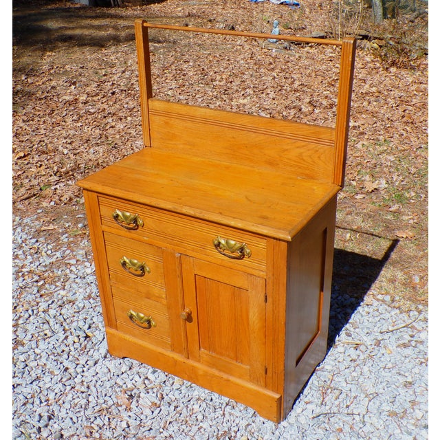 Antique Solid Oak Chest Commode Washstand W/ Towel Bar Country Farmhouse Cabinet For Sale - Image 4 of 18