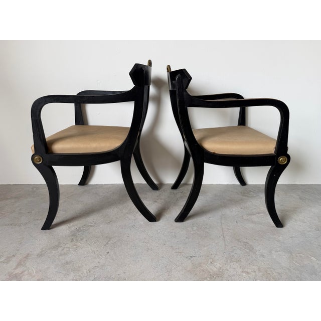 Hollywood Regency Pair of John Gee Style Hollywood Regency Ebonized Armchairs With Brass Accents For Sale - Image 3 of 12