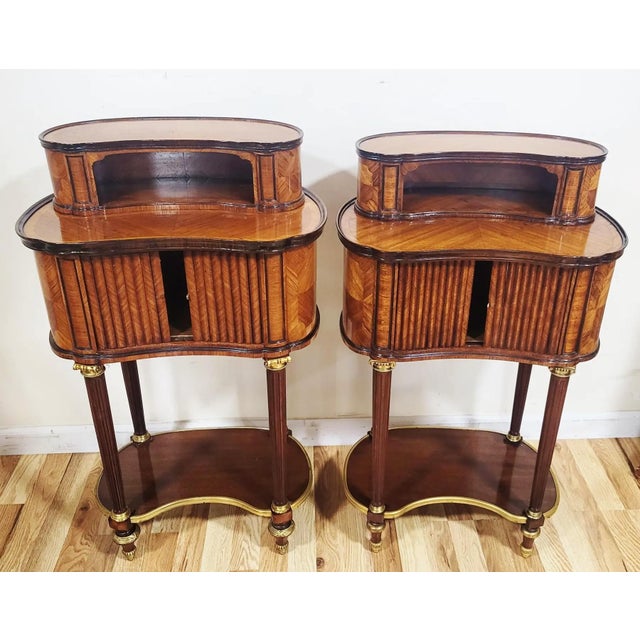 Pair 19th C French Louis XVI Bronze & Tambour Front Kidney Nightstand End Tables For Sale - Image 4 of 14