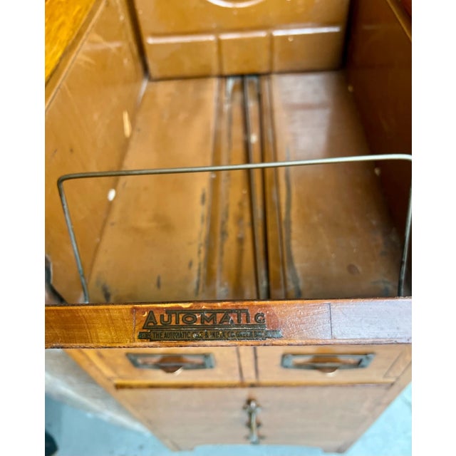 Wood 1910s Antique File Cabinet Tilt Open Top Index Card Drawers Paneled Sides Casters For Sale - Image 7 of 12