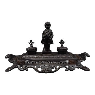 Maitland-Smith Vintage Ornate Heavy Cast Bronze Desk Double Inkwell With Child For Sale