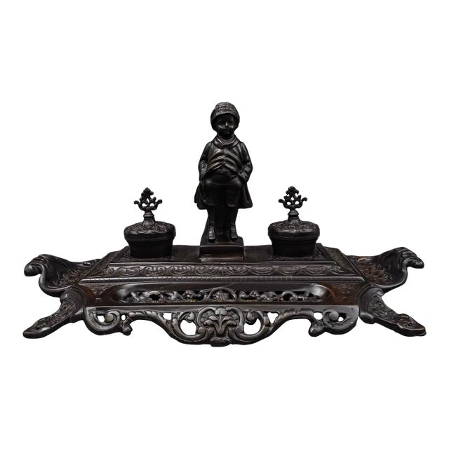 Maitland-Smith Vintage Ornate Heavy Cast Bronze Desk Double Inkwell With Child For Sale