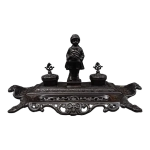 Maitland-Smith Vintage Ornate Heavy Cast Bronze Desk Double Inkwell With Child