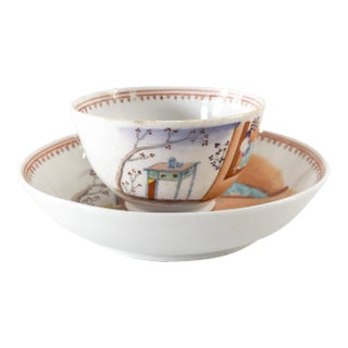 19th Century English Porcelain Teacup and Saucer in Chinoiserie Chinese Export Style For Sale