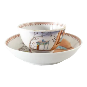 19th Century English Porcelain Teacup and Saucer in Chinoiserie Chinese Export Style