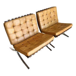 Early Vintage Mies Van Der Rohe Leather Barcelona Lounge Chairs for Knoll - A Pair For Sale