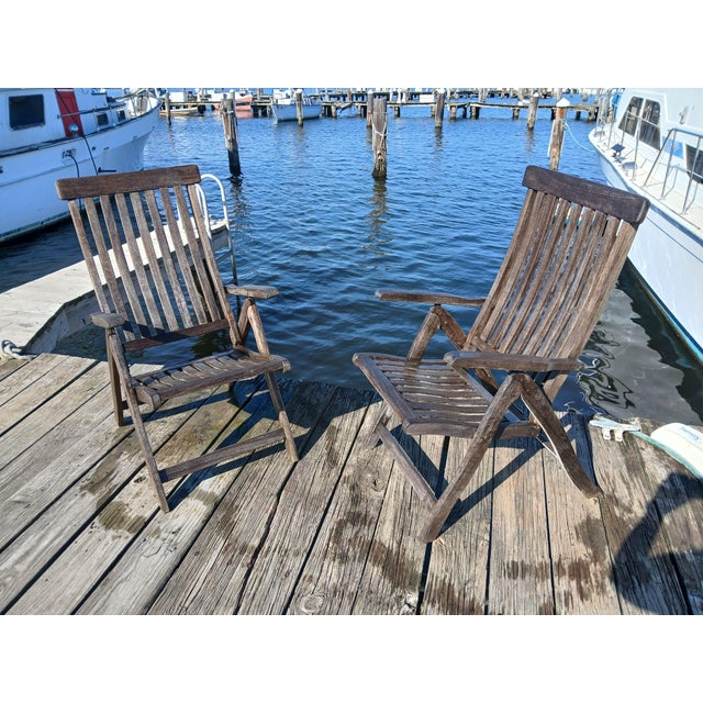 Vintage Teak Folding Lounge Deck Arm Chairs - Set of 2 For Sale - Image 4 of 12