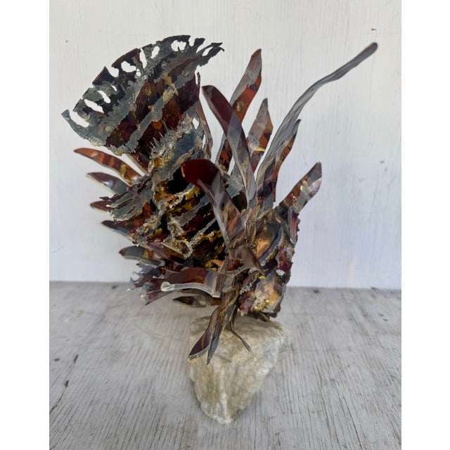 Metal Vintage Modern Enamel on Copper Mounted on Quartz Base Tropical Lion Fish Sculpture For Sale - Image 7 of 11