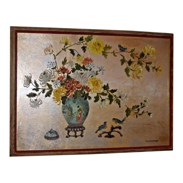 Vintage Oriental Asian Silver Gilt Floral Picture Painting by r.j. Schellanbach For Sale