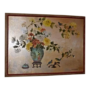 Vintage Oriental Asian Silver Gilt Floral Picture Painting by r.j. Schellanbach
