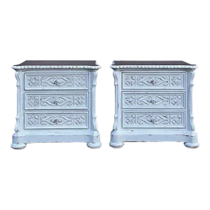 Bernhardt Oversized Rustic European Carved Nightstands - a Pair