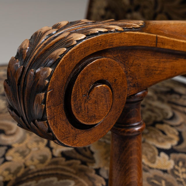 Pair of 19th Century French Dark Brown Louis XIII Upholstered Throne Armchairs For Sale - Image 4 of 14