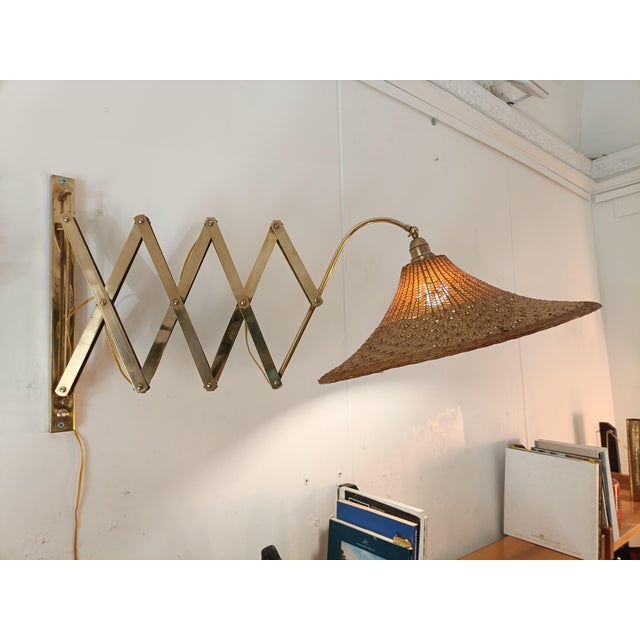 Metal Brass Scissor-Shaped Wall Lamp with Straw Shade, Italy, 1960s For Sale - Image 7 of 10