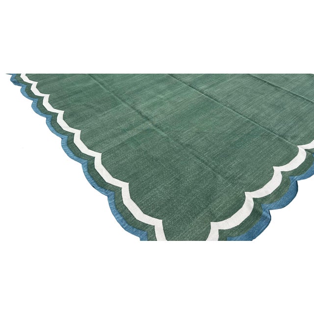 Handmade Cotton Flat Weave Area Rug, Forest Green, Cream and Teal Blue Scalloped Dhurrie - 8'x10' For Sale - Image 9 of 14