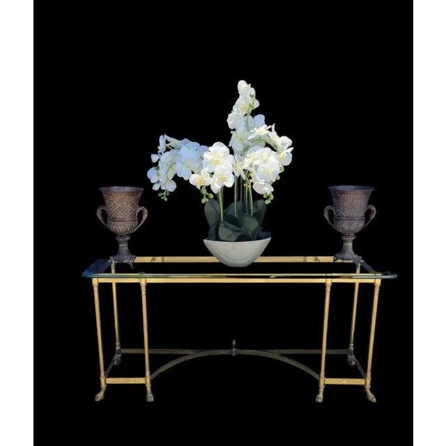 Vintage Italian Brass Hooved Feet Glass Top Mid Century Modern Traditional Console Table For Sale In West Palm - Image 6 of 11