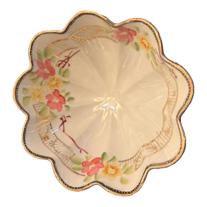 Antique Japanese 3 Footed Pink and Gold Scalloped Edge Candy or Nut Bowl, Hand Painted Floral