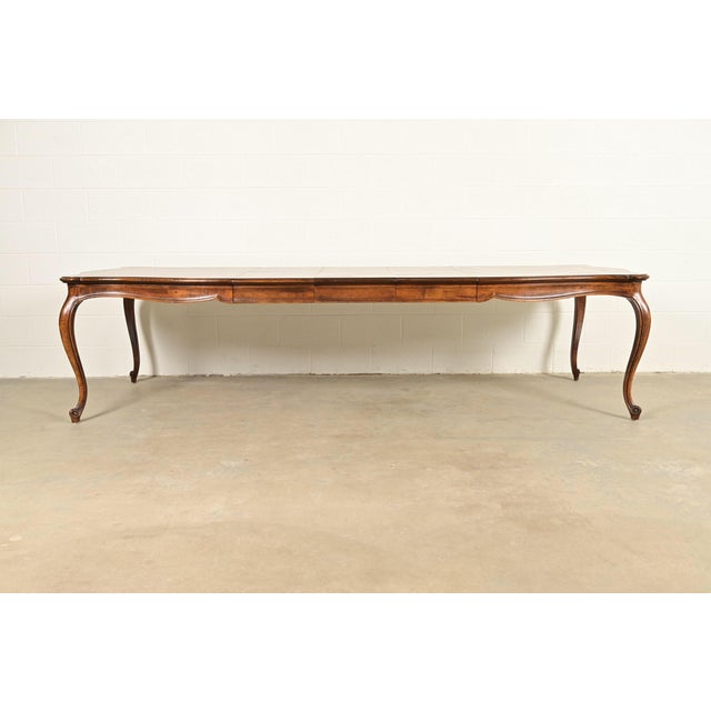 French Provincial Henredon French Provincial Louis XV Carved Walnut Extension Dining Table With Parquet Top For Sale - Image 3 of 15