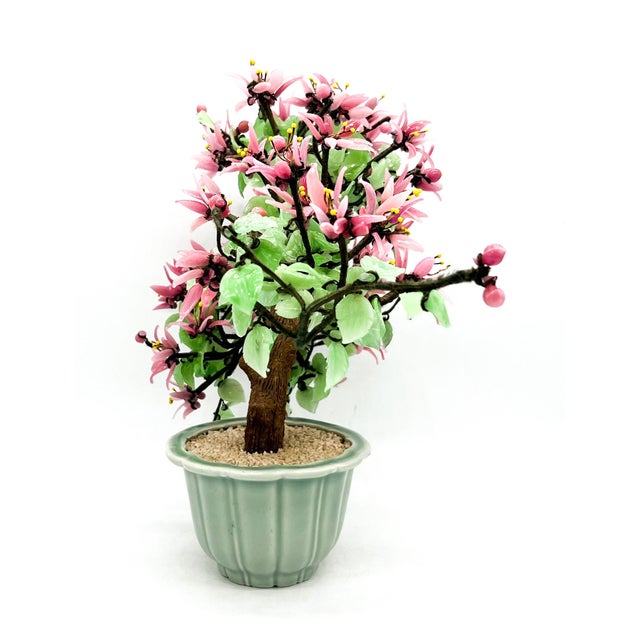 Metal Oversized Handcrafted Glass Jade Blossom Bonsai Tree in Celadon Pot – Asian / Chinoiserie For Sale - Image 7 of 12