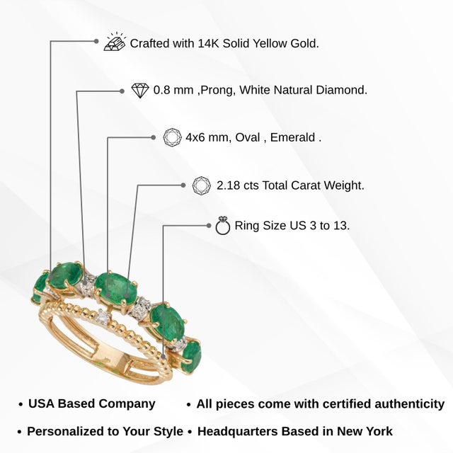 Vintage-Style 2.18ct Oval Emerald & Diamond Double Band Ring in 14k Gold Size 8 For Sale - Image 13 of 18