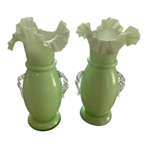 Vintage Fenton Mint Green Pair of Ruffled Vases