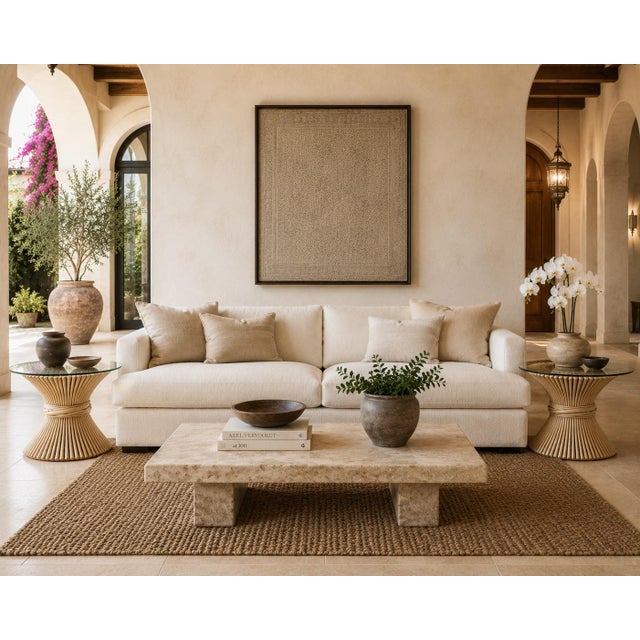 A sculptural pair of 1970s McGuire Sheaf of Wheat rattan side tables, featuring one of the most recognizable Organic...