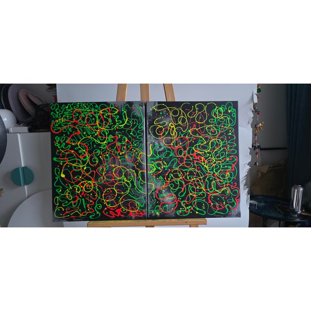 Oksana Babala Neon Diptych – Abstract Oil Painting on Canvas – 2‑in‑1 Set For Sale - Image 11 of 17