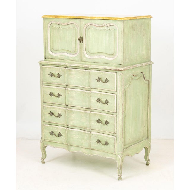 French Provincial Style Green and Cream Painted Cupboard, with faux marble top above two-door cabinet and four frieze...